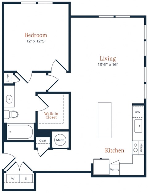 Floor plan for 1 bed, 1 bath, 837 sqft